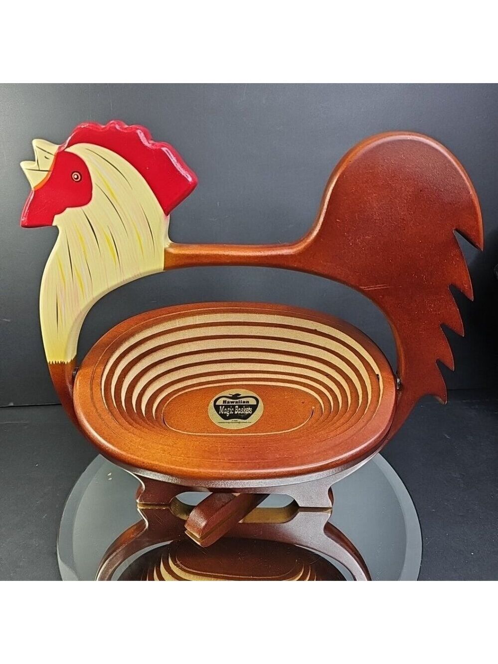 HAWAIIAN MAGIC BASKET  WOODEN ROOSTER  (BREAD BASKET) FARMHOUSE CHIC
